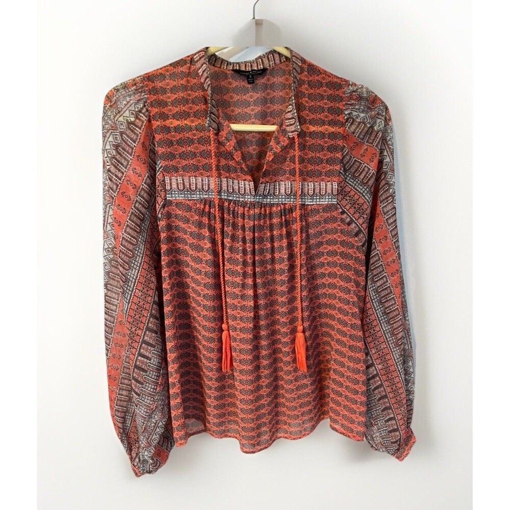 Lucky Brand Blouse Sz Small Orange Geometric Pattern Boho Hippie Peasant Flowy